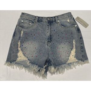 Lizard Thicket Big Water Blue Sky Ripped Distressed Bedazzled Denim Shorts Sze L